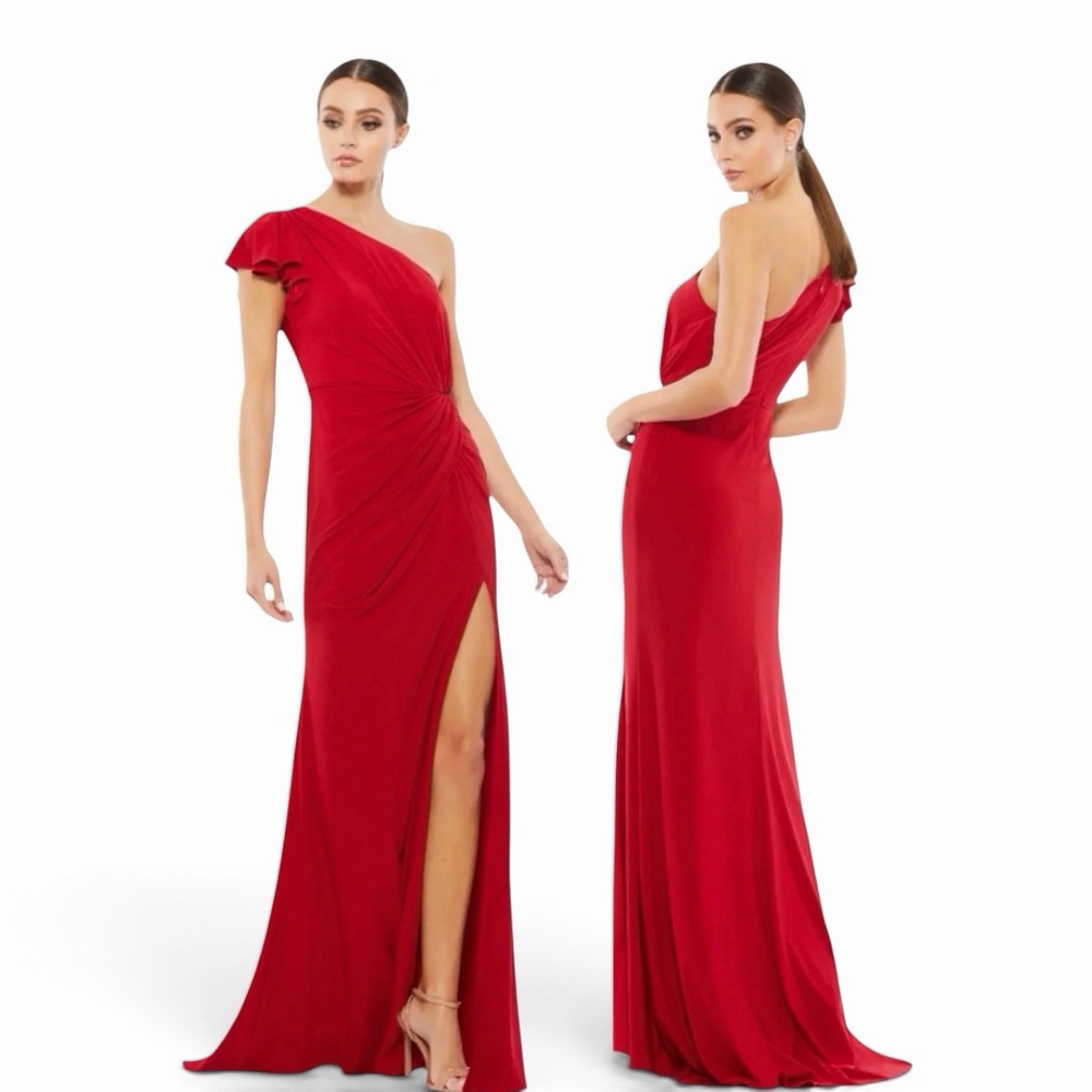 Mac Duggal Red One Shoulder Flutter sleeve Draped Gown